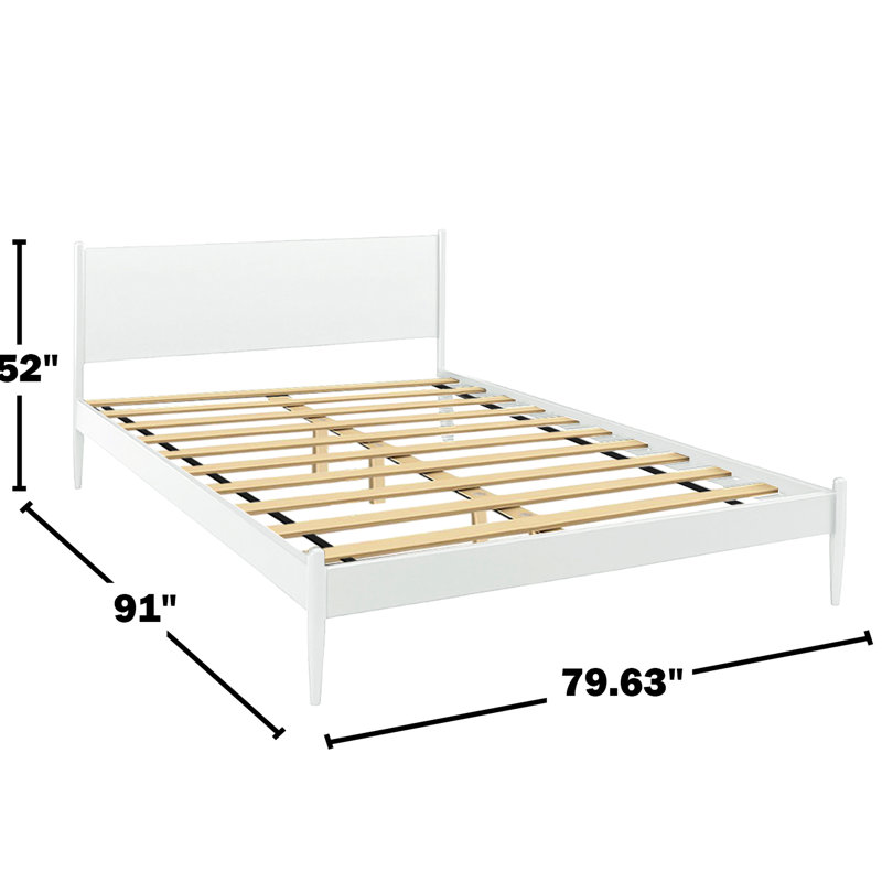 Lit plateforme très grand Mid-Century blanc, avec pieds fuselés ronds, sans sommier, base à lattes pour le style de la chambre à coucher et la fonctionnalité pratique
