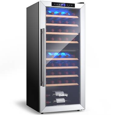 Costway - 15 inch Beverage Cooler Refrigerator 100 Can Built-in or Freestanding Wine Fridge with LED Lights and Adjustable Shelf - FP10126US-SL