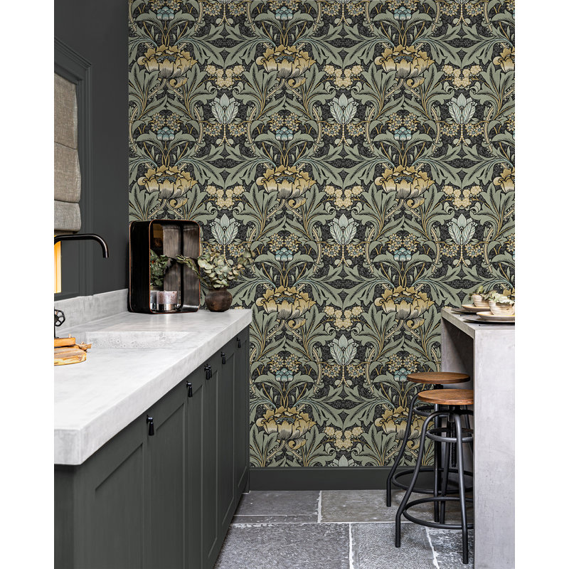 Papier peint floral Nakieshia, Gris anthracite / verge d'or