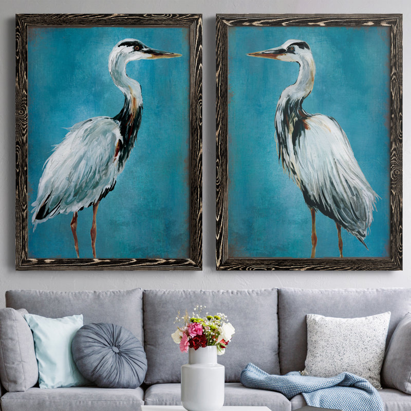 «Great Blue Heron I», ensemble de 2 peintures sur toile encadrées, H 37,5 po x l 55 po x P 1,5 po, Cadre noir