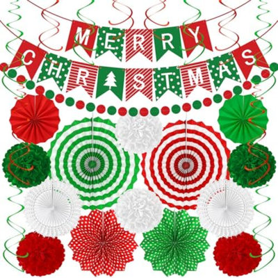 28PCS décorations de Noël, ensemble de ventilateurs de papier de bannière de Noël, guirlandes de papier pompon guirlande rouge blanc vert, tourbillons suspendus pour Noël