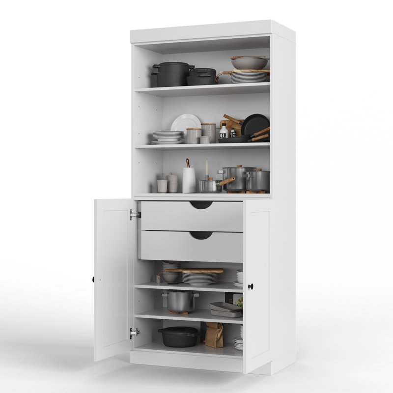 Armoire de cuisine 100% en bois massif, grand rangement modulaire autoportant avec tablettes ouvertes et portes Shaker et 2 tiroirs, tablettes réglables, l 32 po x H 71,5 po