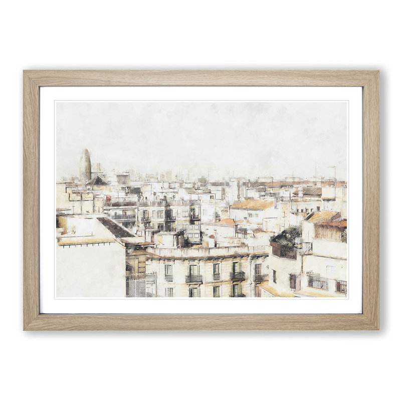 Rooftops in Barcelona Spain - Picture Frame Painting Print on MDF, Oak Framed, 24cm H x 33cm W x 2cm D