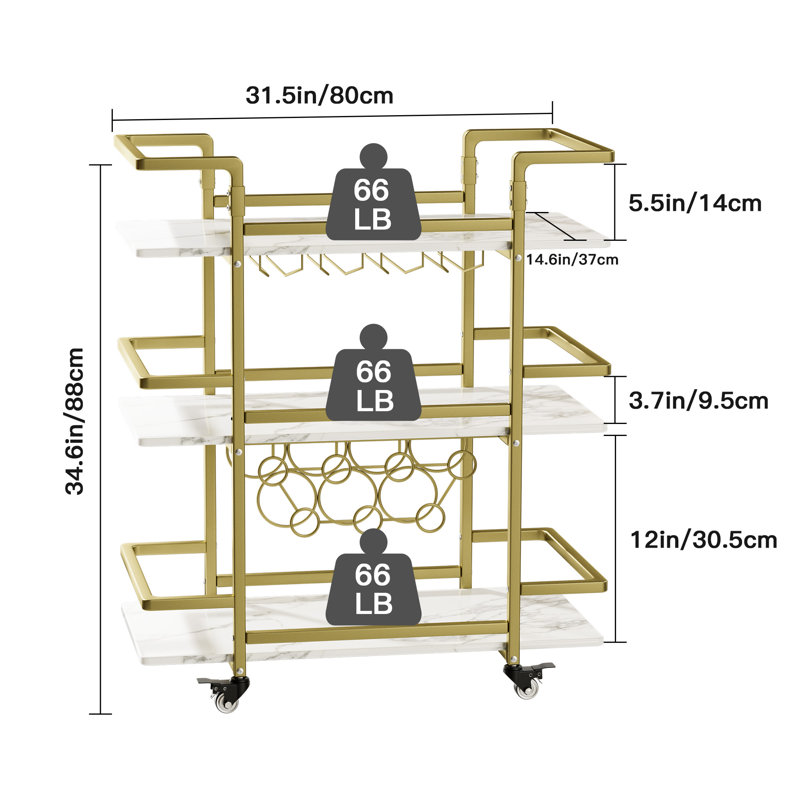 Zoela Metal Golden Bar Cart, 35''x32''x15'', Gold