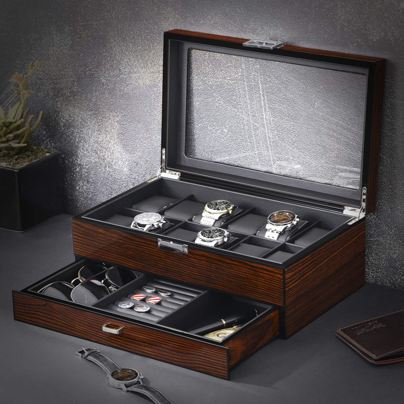 Boîte de montre haut de gamme, boîte de montre en bois de luxe à 12 fentes avec tiroir pour valet, vitrine de montre à 2 couches