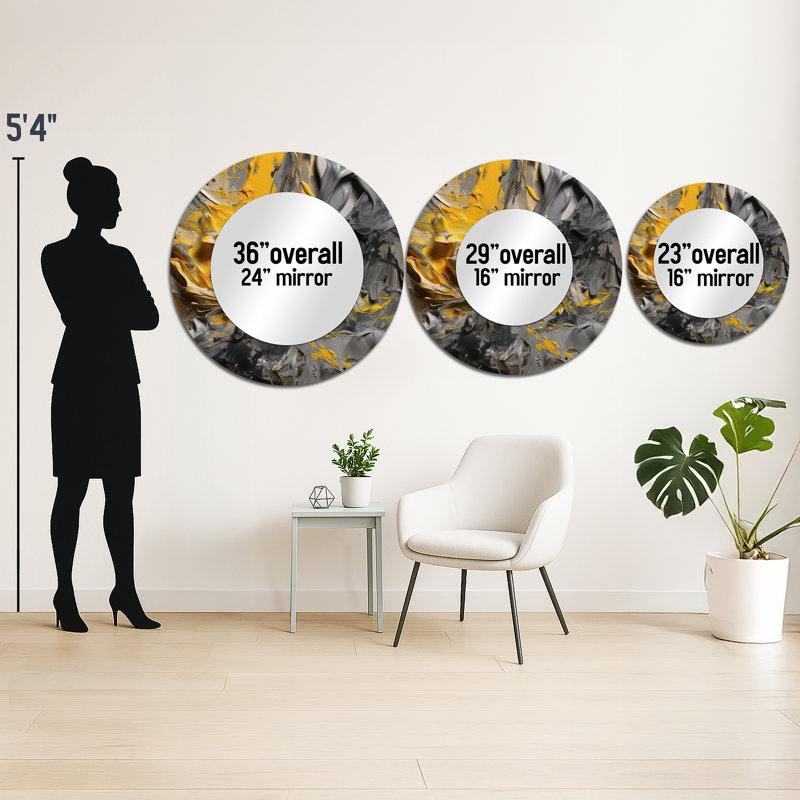 Moutarde jaune et gris vif V - miroir décoratif abstrait, miroir mural rond moderne, impression d'art en métal, 29 po x 29 po