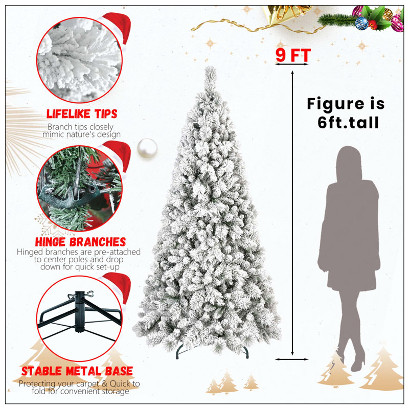 Arbre de Noël floqué avec - branches en PVC enneigées et aiguilles dures, structure à charnières pour une installation facile, support en métal stable, arbre de Noël réaliste