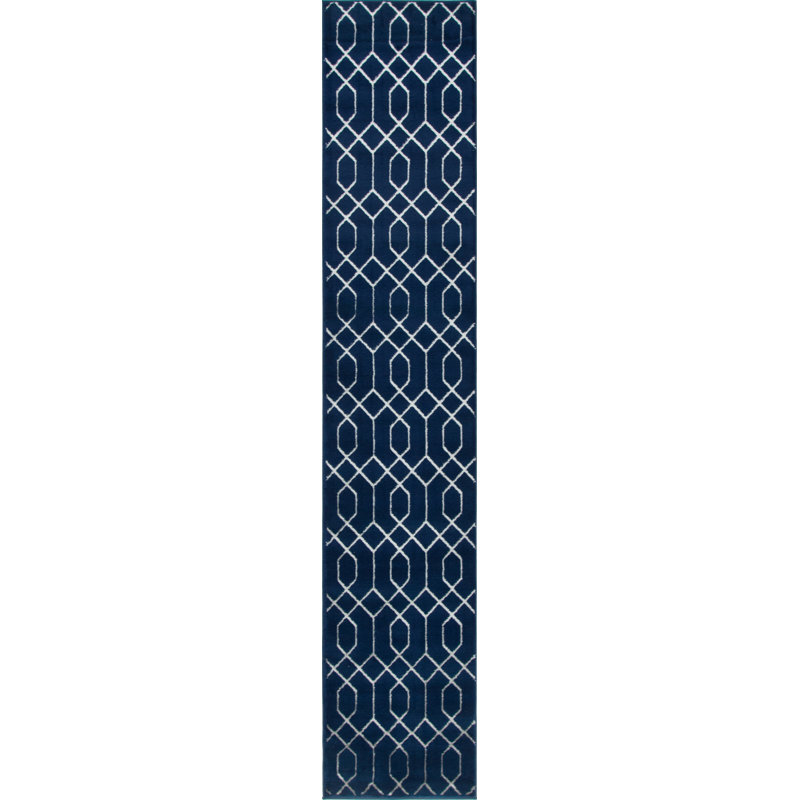 Glam Navy Blue Silver Area Rug, Runner 2' x 10'