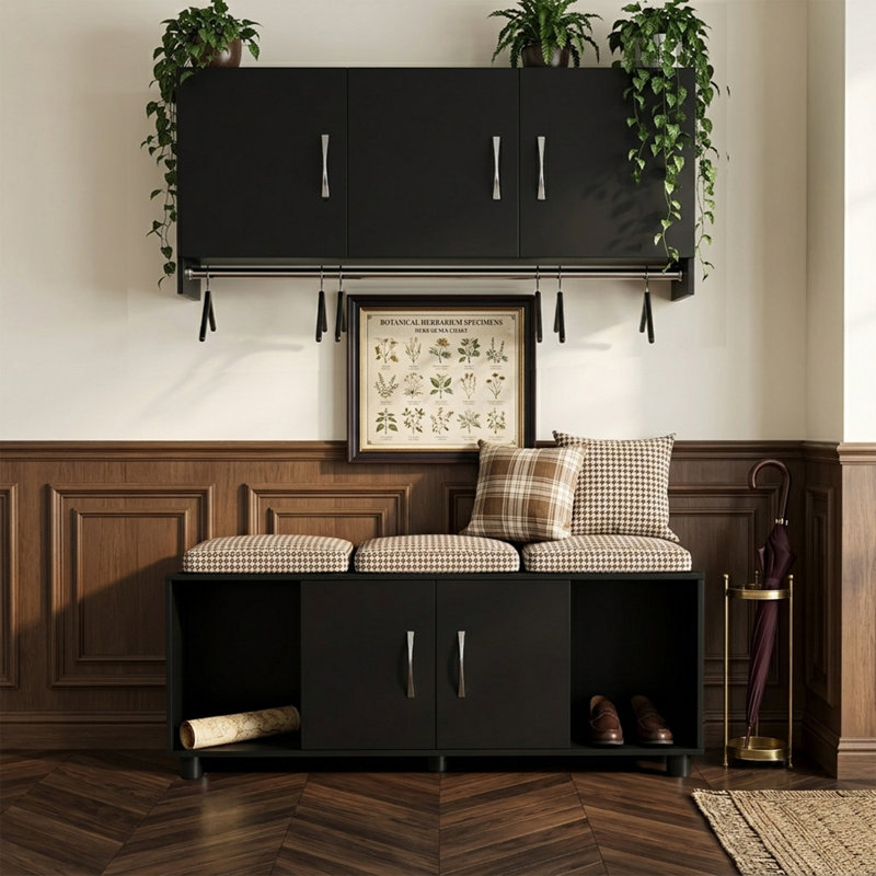 2-Piece Mudroom Storage Set With 3-Door Wall Cabinet, Hanging Rod, And 2-Door Storage Bench With Open Cubbies, Black