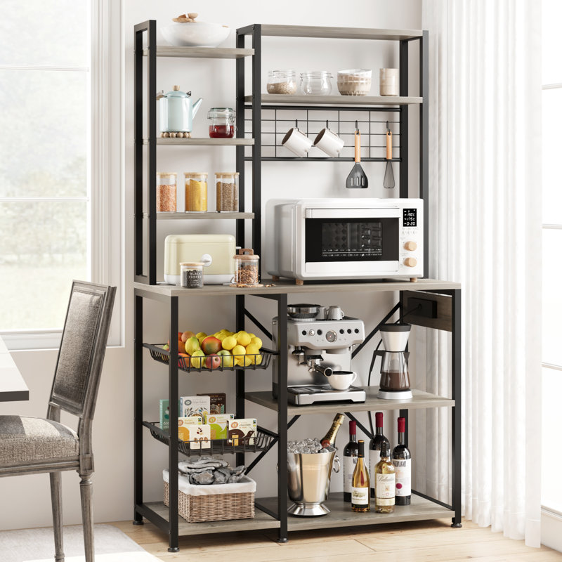 Étagère de boulanger à 7 niveaux avec prise de courant - Grand support à micro-ondes avec 2 paniers en fil de fer - Tablette de rangement ouverte et bar à café