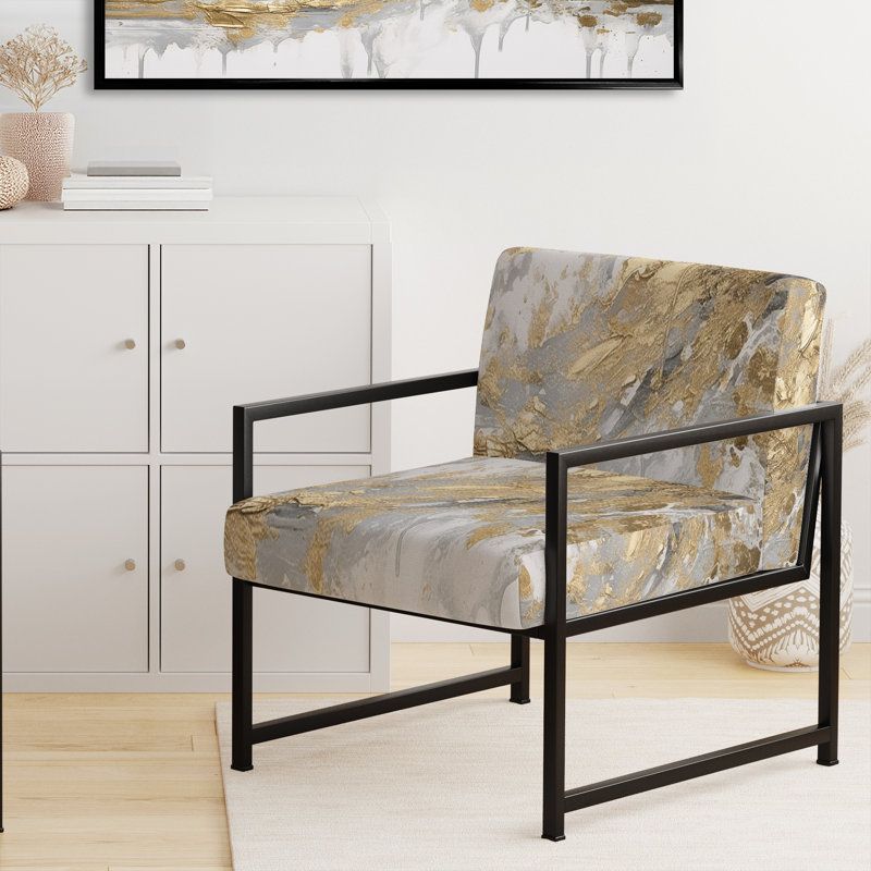 Gold and White Colliding Abstract - Upholstered Abstract Accent Side Chair, Black