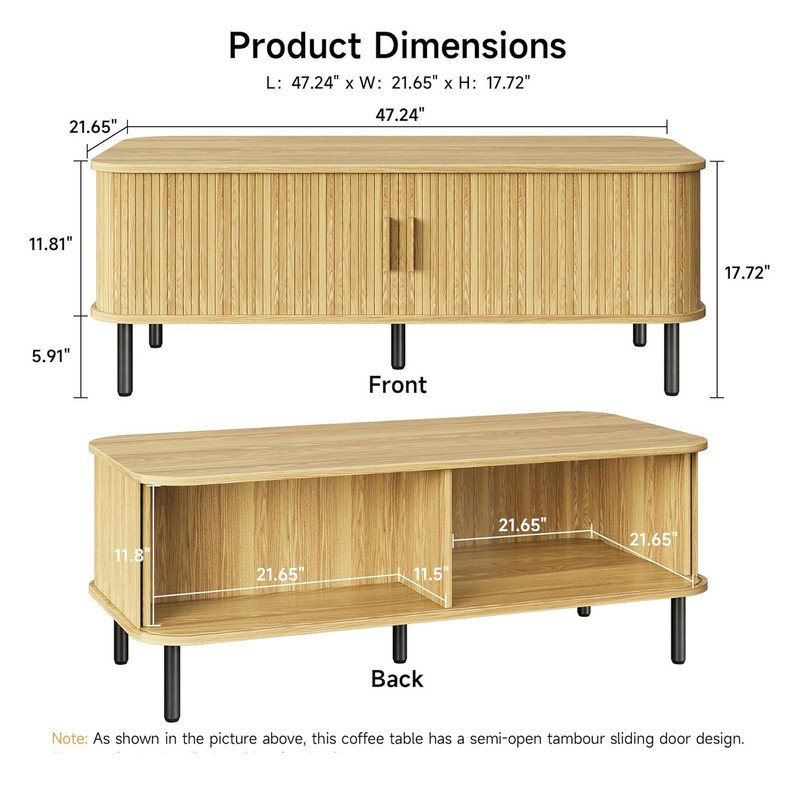Oak Rectangular Wood Coffee Table with Sliding Tambour Door and Storage