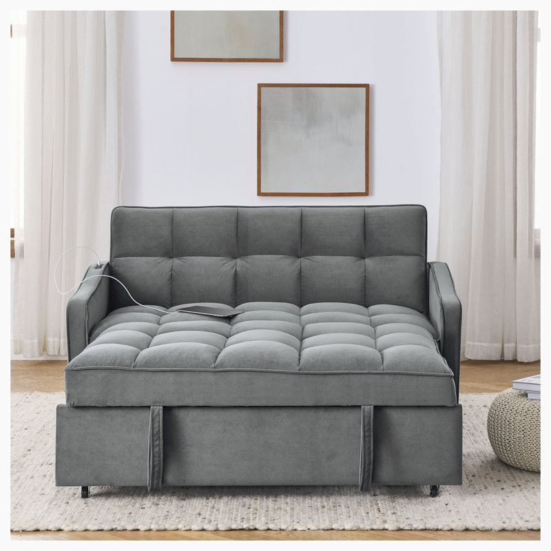 Canapé convertible moderne avec lit escamotable, Velours gris velours