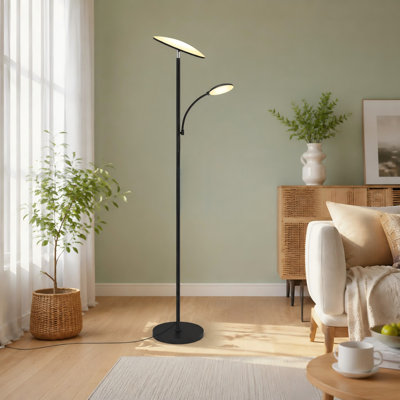 Upgraded black super-bright 42W 4500LM LED floor lamp with a rotatable reading light, touch and remote control, memory function, and stepless dimming; standing light for living rooms, bedrooms, and offices.