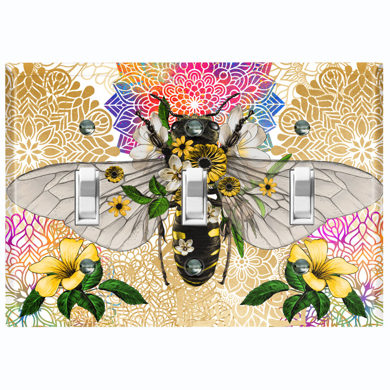 Plaque murale 3 abeilles avec abeilles et fleurs jaunes arc-en-ciel Mandala