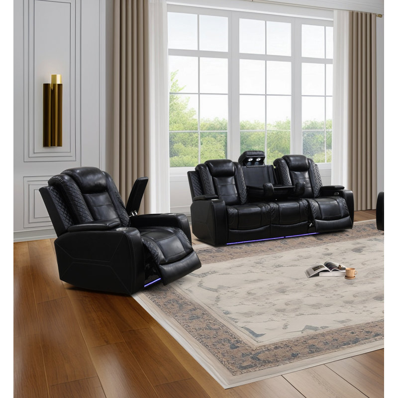 Ensemble de fauteuil inclinable électrique de salon en cuir 2 pièces, canapé et fauteuil, Noir
