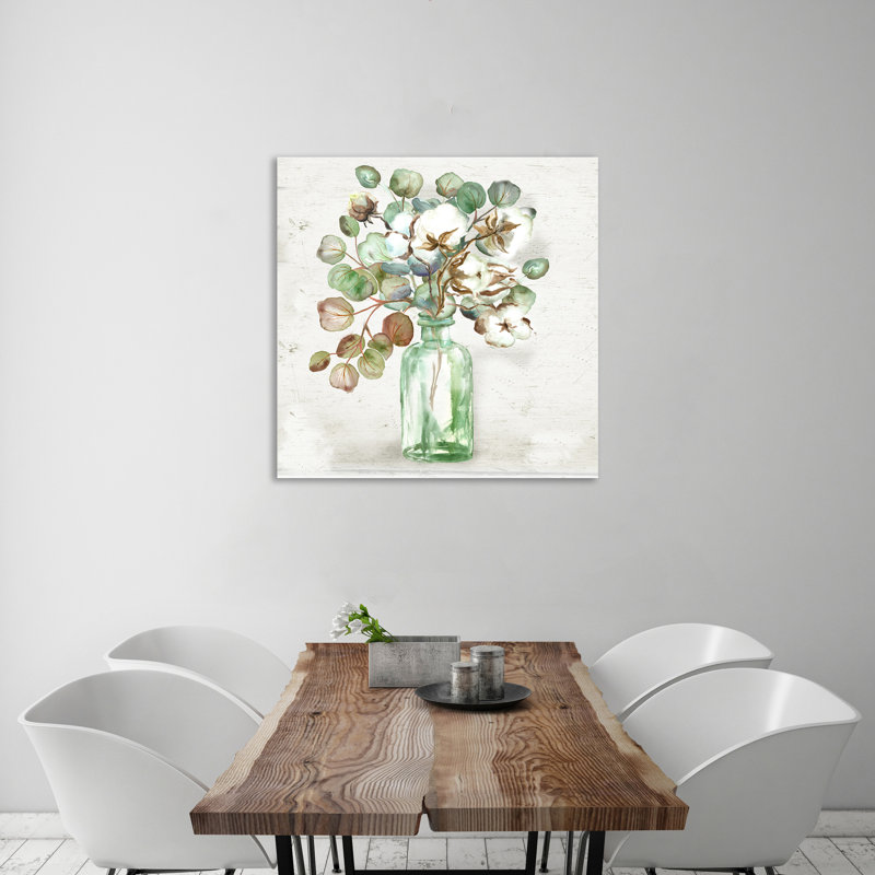 «Cotton Boll & Eucalyptus In Vintage Bottle», toile tendue par Winston Porter, H 48 po x l 48 po x P 1,5 po