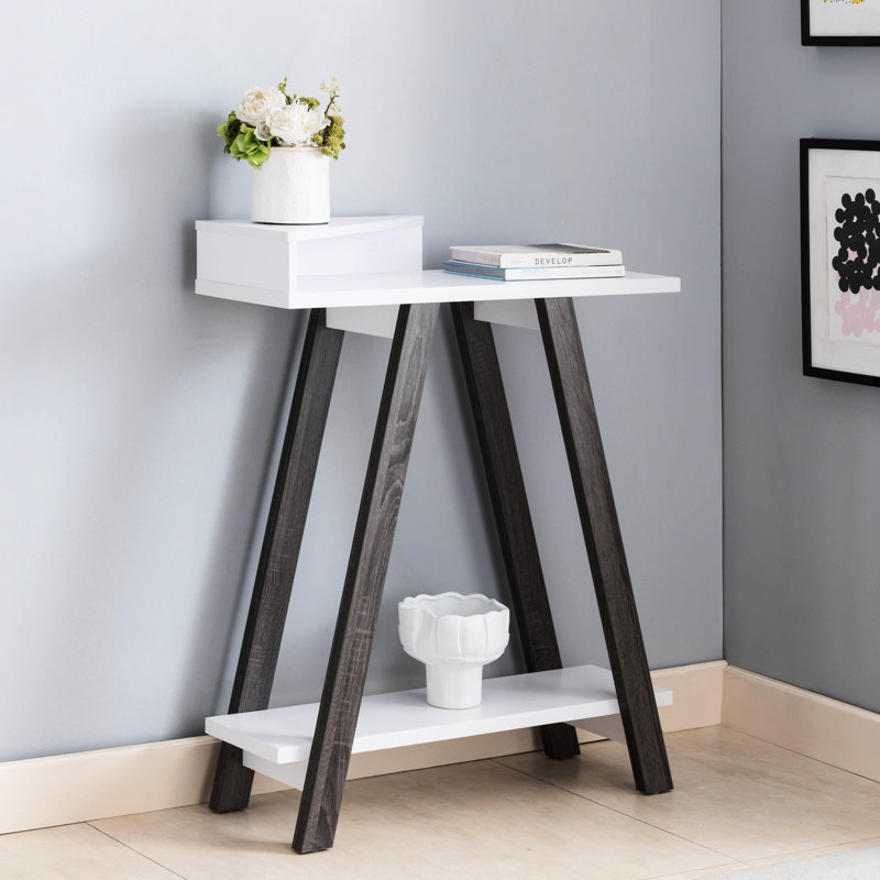 Console à deux étagères - Blanc et gris, piètement en forme de A. Table grise élégante avec 2 étagères, grande surface, pieds en forme de A, largeur 29 cm.