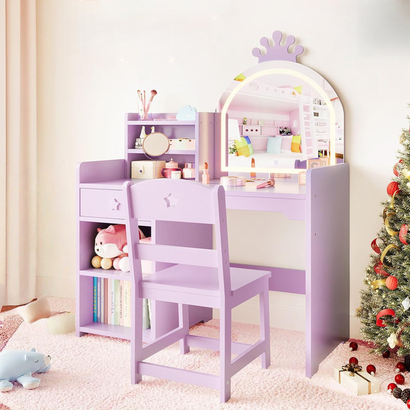 Kids Vanity Set with Lighted Mirror, 2 in 1 Toddler Princess Table & Chair Set, Open Bookshelf + Storage Cabinet Shelves, Little Girls Vanity for Bedroom