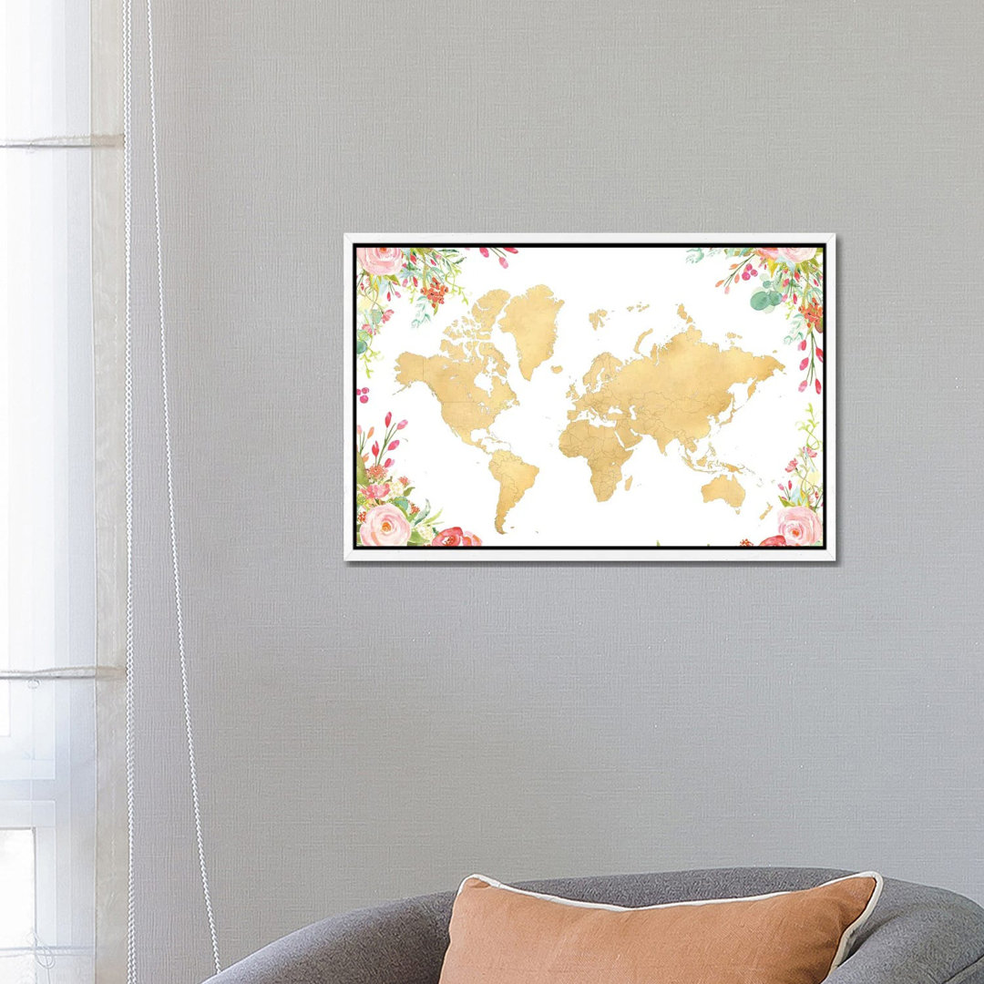 Goldene Weltkarte mit Boho-Aquarell-Blumen von Blursbyai - Galerie-umwickelte Leinwand Giclée auf Leinwand