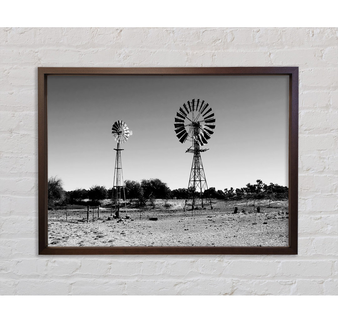 Windmühlen in der Wüste B N W - Einzelbildrahmen Kunstdrucke auf Leinwand