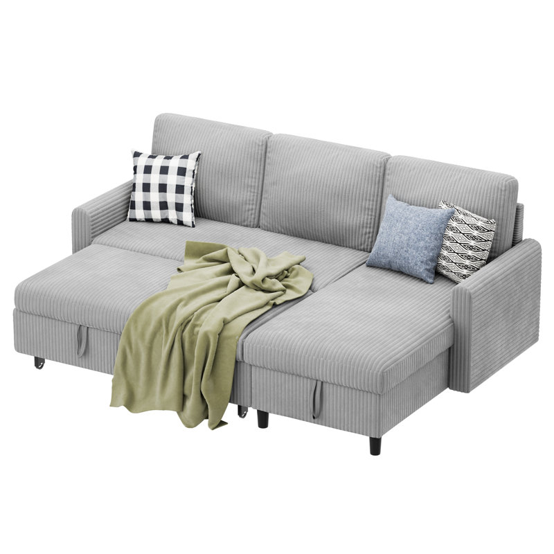 Ashleh 79" L-Shaped Sectional  with Ottoman, Light Gray Cotton Blend