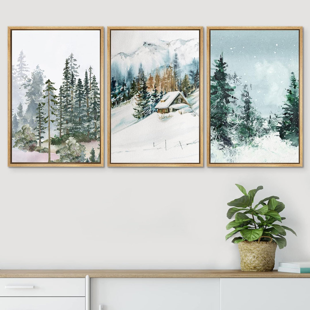 Woodland Forest Landscape " Winter Snow Pine Tree Forest Cabin " 3 - Pieces IDEA4WALL 
