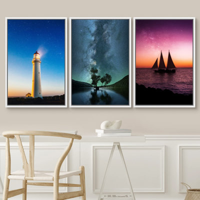 " Vibrant Lighthouse Star Night Galaxy Cosmos Sunset Sailboat Ocean Coastal Nautical Photo Modern Art " 3 - Pieces