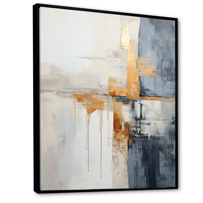 Abstrait abstrait «Beige Gold Road Collage III» sur toile, Cadre flottant noir, H 44 po x l 34 po x P 1,5 po