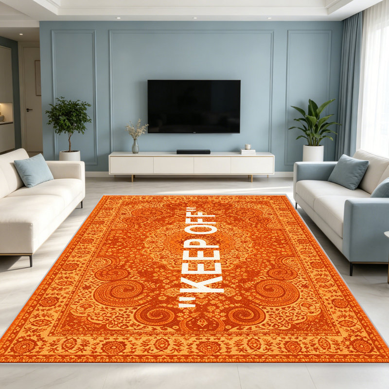 Orange "KEEP OFF" Persian Style carpet-easy to clean, machine-washable, soft and comfortable; suitable for door mats, kitchens, living rooms, bedrooms, corridors, and laundry areas. Easy to clean, durable carpet for home decoration.