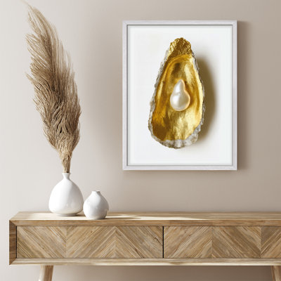 Oyster Shell Wall Art Print - Luxury Pearl and Gold Photography Framed Artwork for Bathroom or Bedroom Decor