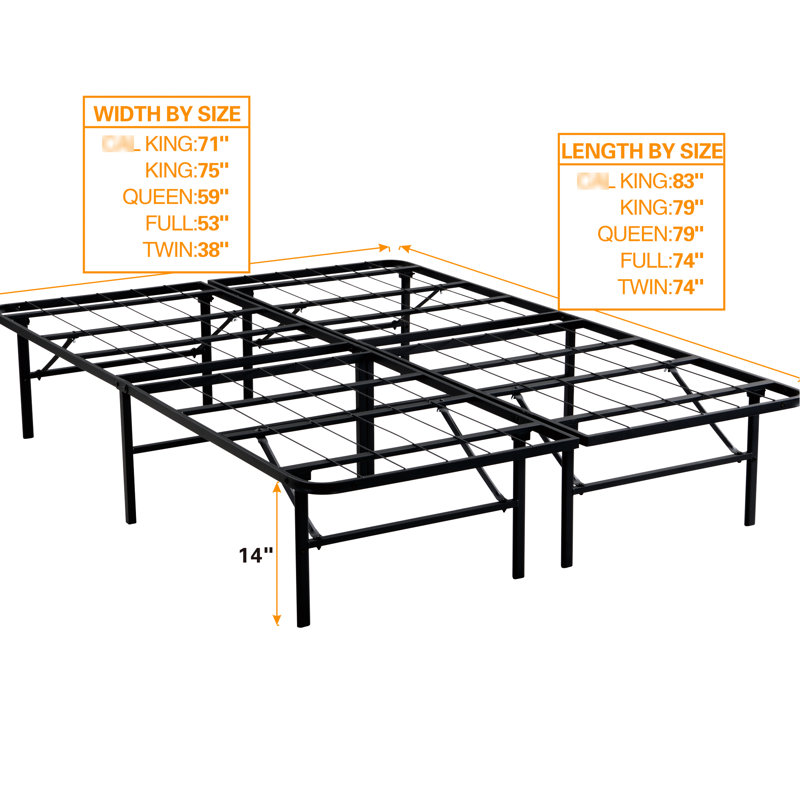 Structure de lit pliante en métal pour grand lit 14 po, robuste, sans sommier, facile à assembler, sous rangement, noir, Twin