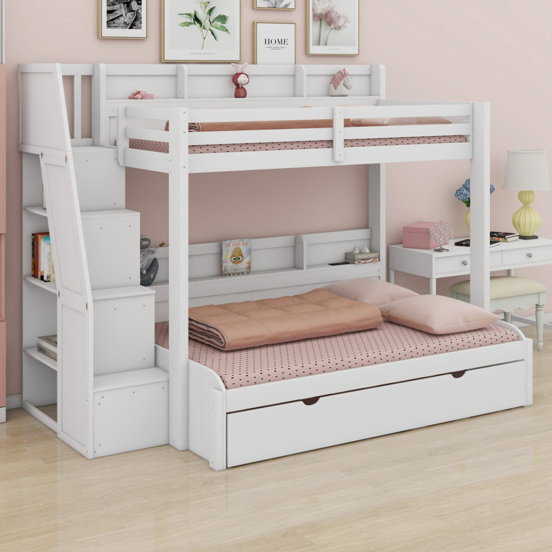 Lit superposé peu encombrant avec escalier de rangement avec éclairage USB et lit gigogne, Blanc