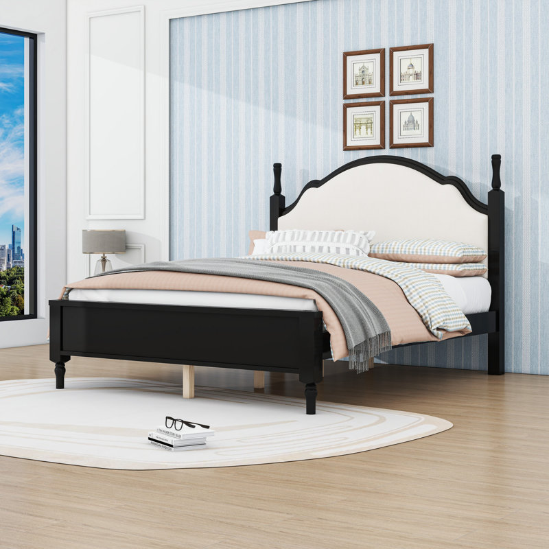 Lit plateforme en bois avec tête et pieds rembourrés courbés, Black Beige, Grand