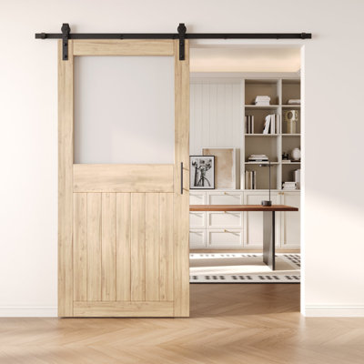 Homacer 36in x 84in Half Lite Glass Design Unassembled & Unfinished Barn Door with Non-Bypass Installation Hardware Kit, 6.6ft track, interior use only