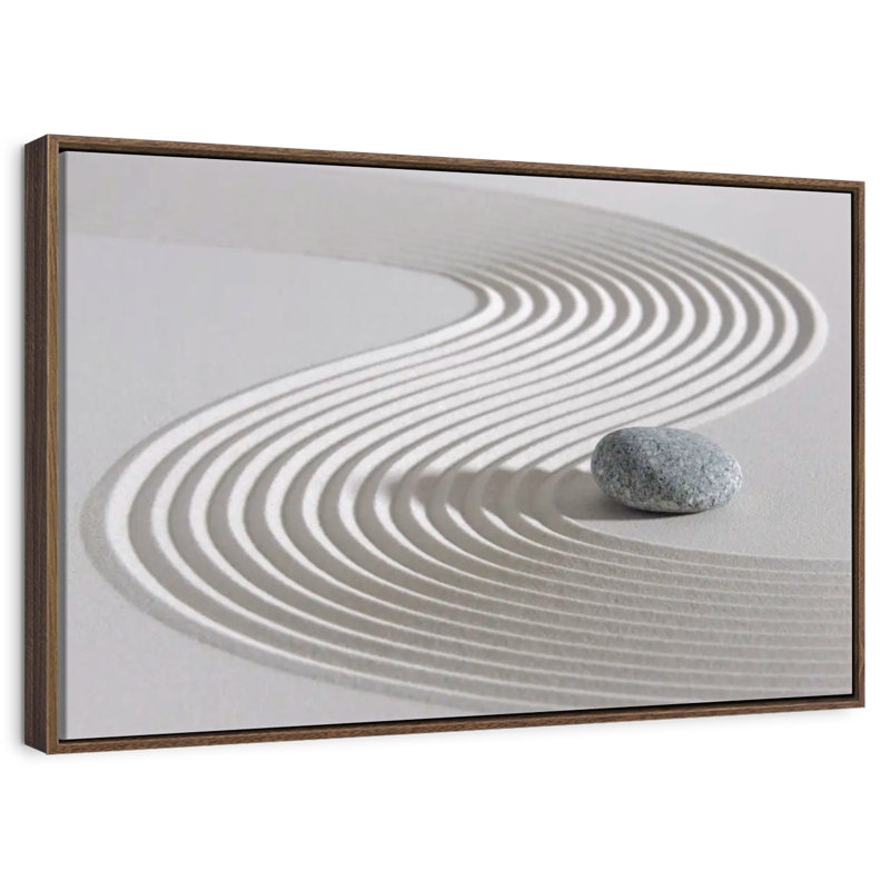 Pierre zen sur sable, 37 po x 25 po, Cadre flottant noyer