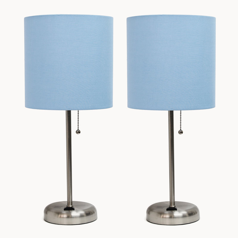 Blue Fabric Shade Table Lamp Set with Charging Outlet, 19.5"