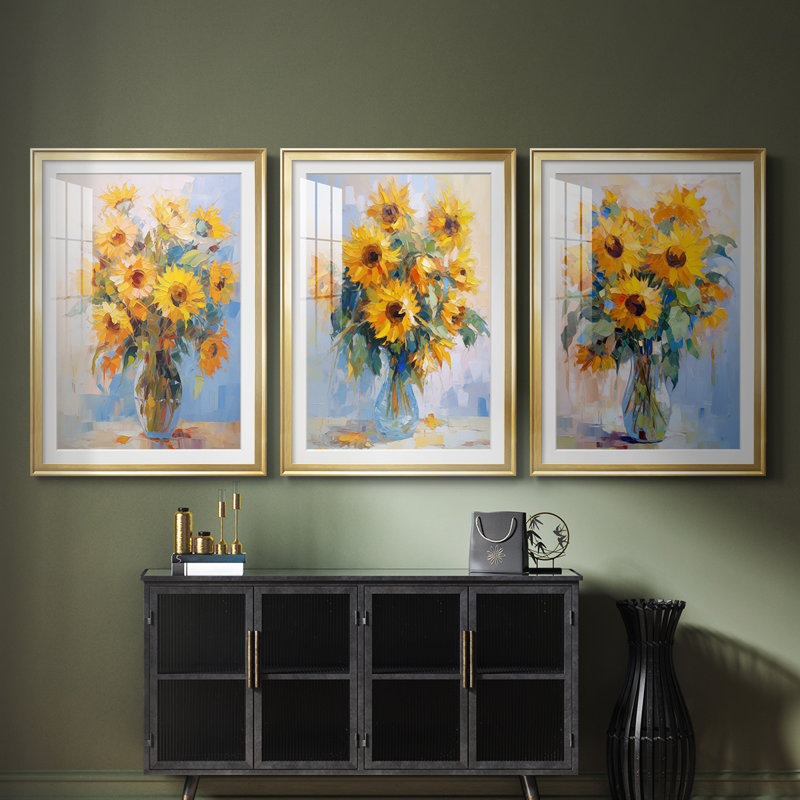 FLORAL Series CDLXIX - Impression encadrée sur mesure de qualité supérieure - 3 pièces, H 15 po x l 19 po, Doré