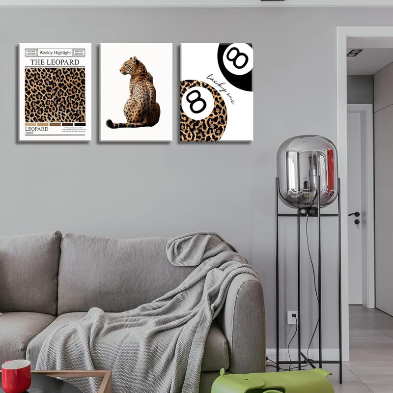 Ensemble de 3 impressions sur toile léopard à la mode Funky Lucky 8 balles d'affiches de style BCBG, guépard, décoration murale, pour chambre à coucher, appartement, dortoir, 16 x 24 po