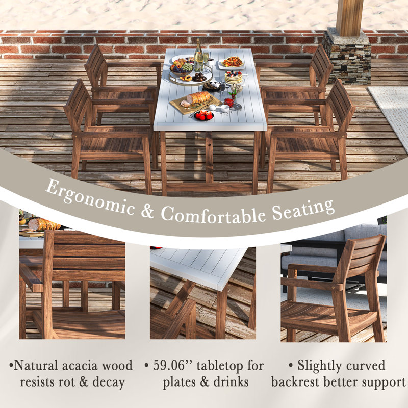 Ensemble de salle à manger d'extérieur 5 pièces en bois d'acacia brun clair et gris clair Table Table rectangulaire 4,59,06 po avec trou pour parasol ｜ Convient pour une utilisation sur le patio, la pelouse, le jardin, la piscine et l'intérieur Res Résistant aux rayons UV