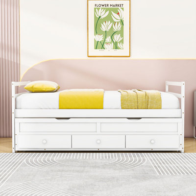 Twin Wooden Platform Bed with Trundle and 3 Drawers