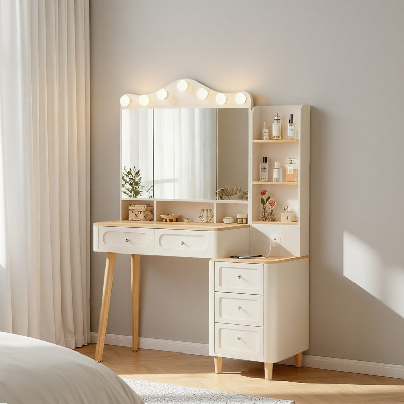 Vanity Desk With Mirror And Lights,Makeup Vanity With 2 USB Power Strip,Vanity Set With Two Drawers And Three-Drawer Chest, 3 Lighting Modes Adjustable Brightness, Foldable Three-Sided Mirror
