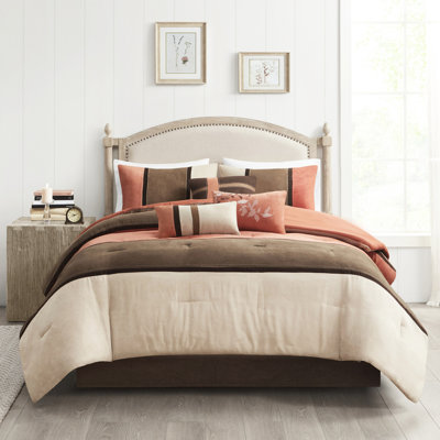 Coral King Comforter - 7 Piece Faux Suede Machine Washable Bedding Embroidered Details