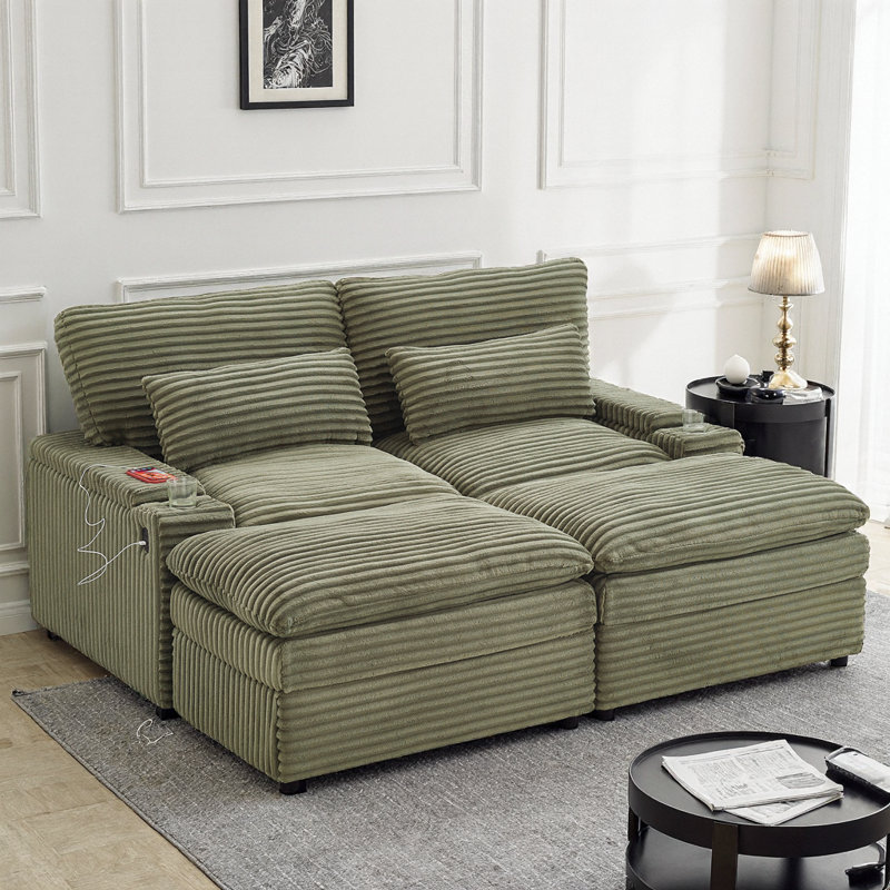 70.9" Free-Combined Sectional Convertible Sofa Bed with Storage, USB Ports, and Cup Holders, Green