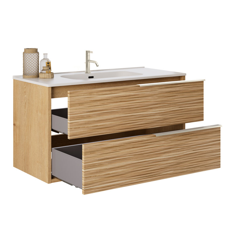 Kora 40" Bamboo Faux Finish Wall-Mounted Single Bathroom Vanity with Integrated Ceramic Top & Handles,  Silver