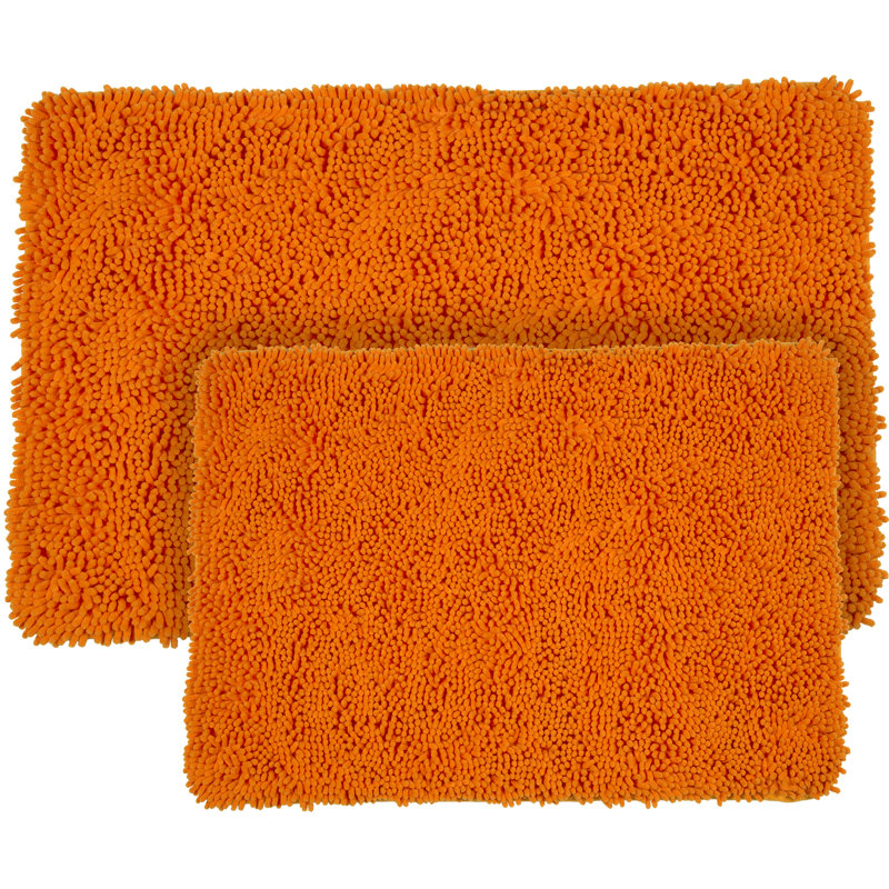 2PC Chenille Bath Mat Set - Memory Foam Bathroom Set with Chenille Top and Non-Slip Base, Orange