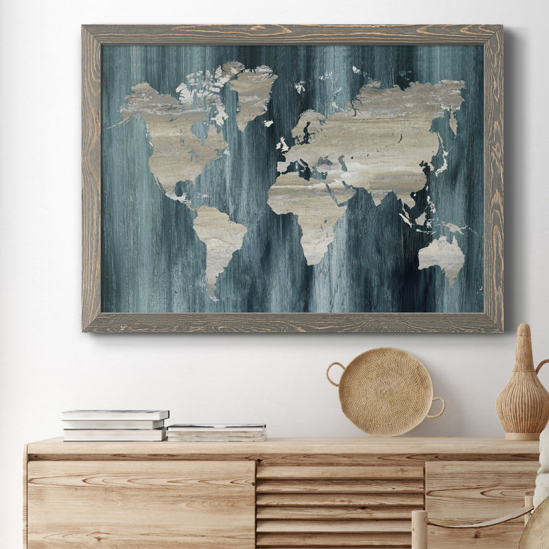 Carte du monde marine - reproduction de cadre photo sur toile, H 31 po x l 44 po x P 1 po, Encadré gris