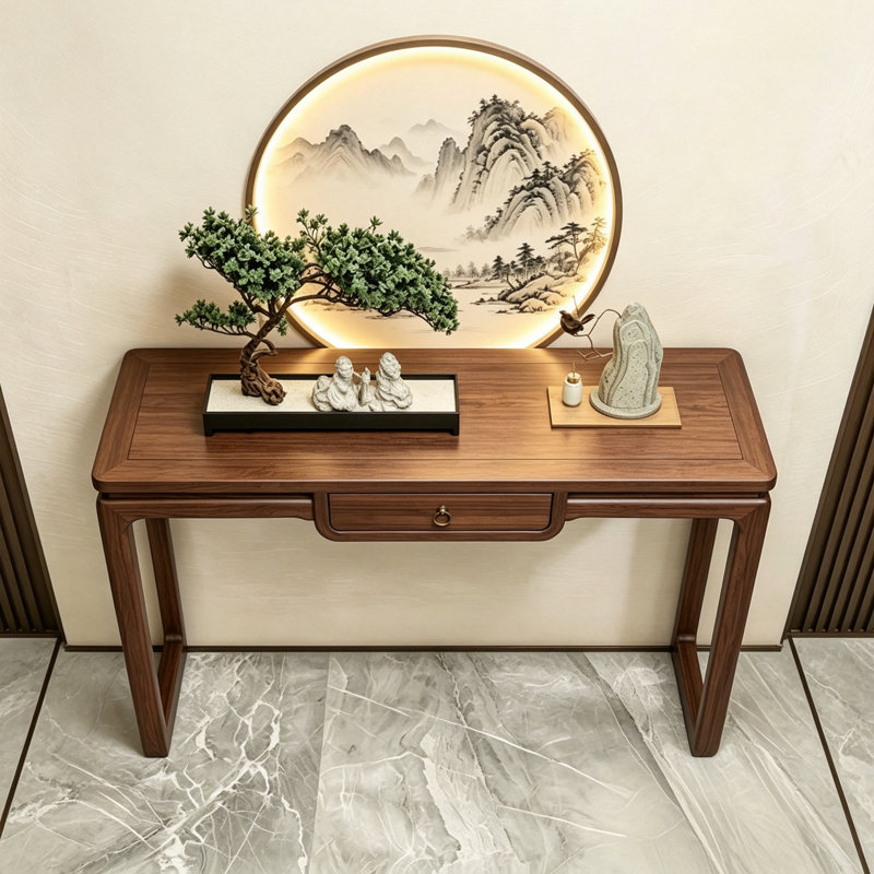 Console New-Chinese Style, 31.5" H x 47.2" W x 11.8" D, Dark Brown Wood / Dark Brown, Dark Brown Wood, Dark Brown