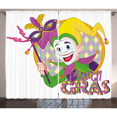 Arcelin Cartoon Design of Mardi Gras Jester Smiling and Holding a Harlequin Semi-Sheer Curtain Panel