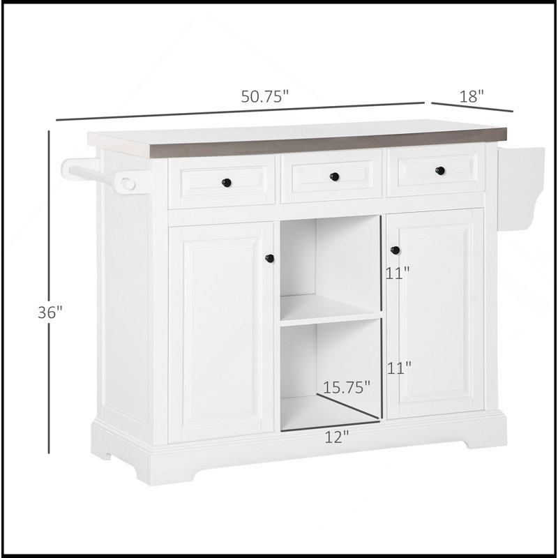 Îlot de cuisine roulant avec rangement, chariot de cuisine avec plateau en acier inoxydable, support à épices et tiroirs, blanc